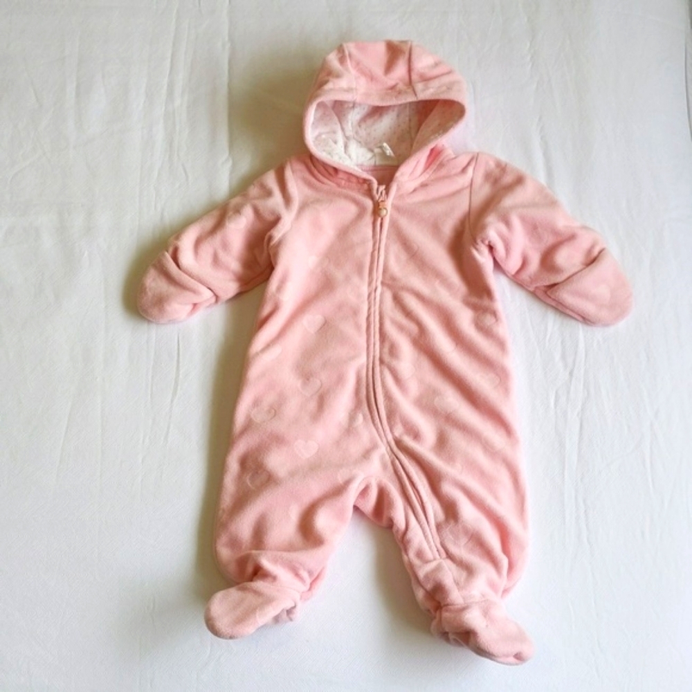H&M Pink Hearts Embossed Fleece Bunting Suit Hooded Infant Size 2-4M Winter